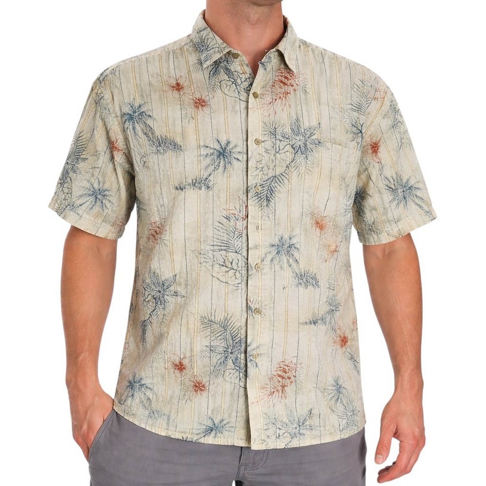 Campia Moda Hawaiian Shirt XL Floral Striped Palm Trees Plumeria Pale Yellow
